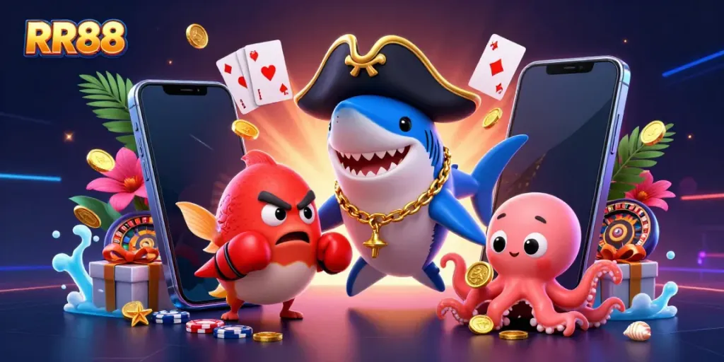Win big with RR88 at this vibrant casino illustration featuring dynamic characters and exciting games.