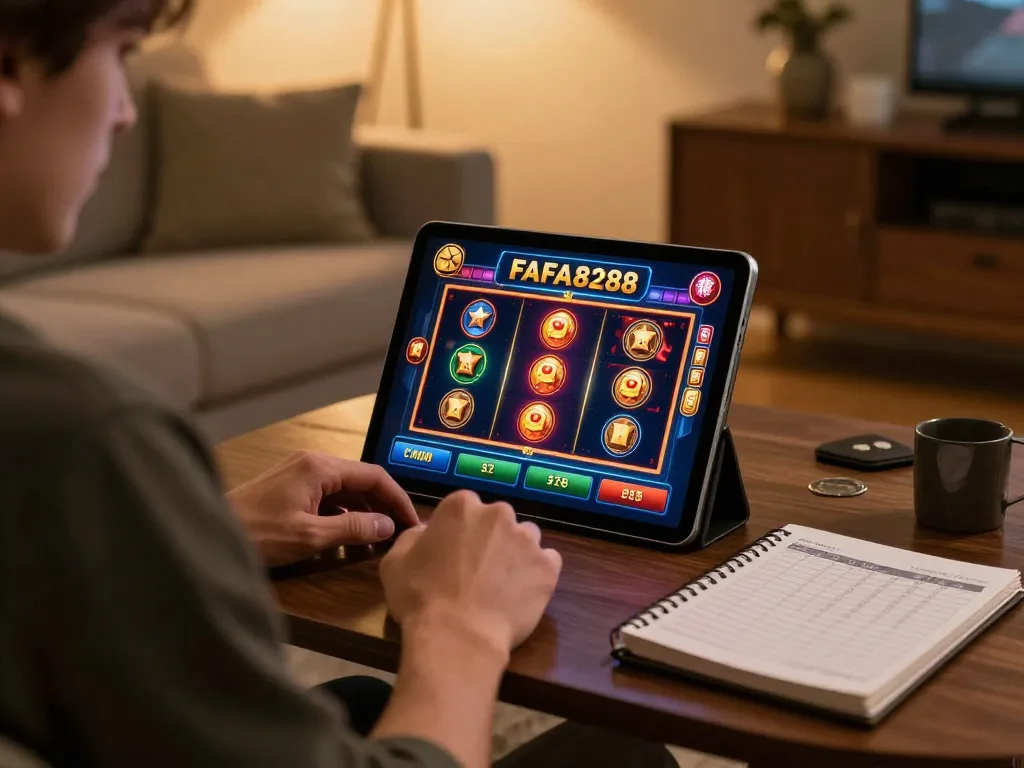 Player enjoying an immersive gaming experience on FAFA828's slot games in a cozy home setting