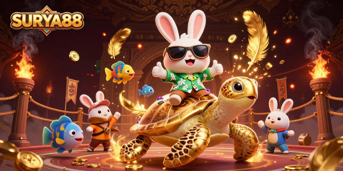 SURYA88 showcases a vibrant, dynamic casino scene with a lucky rabbit and golden sea turtle amidst gambling elements.