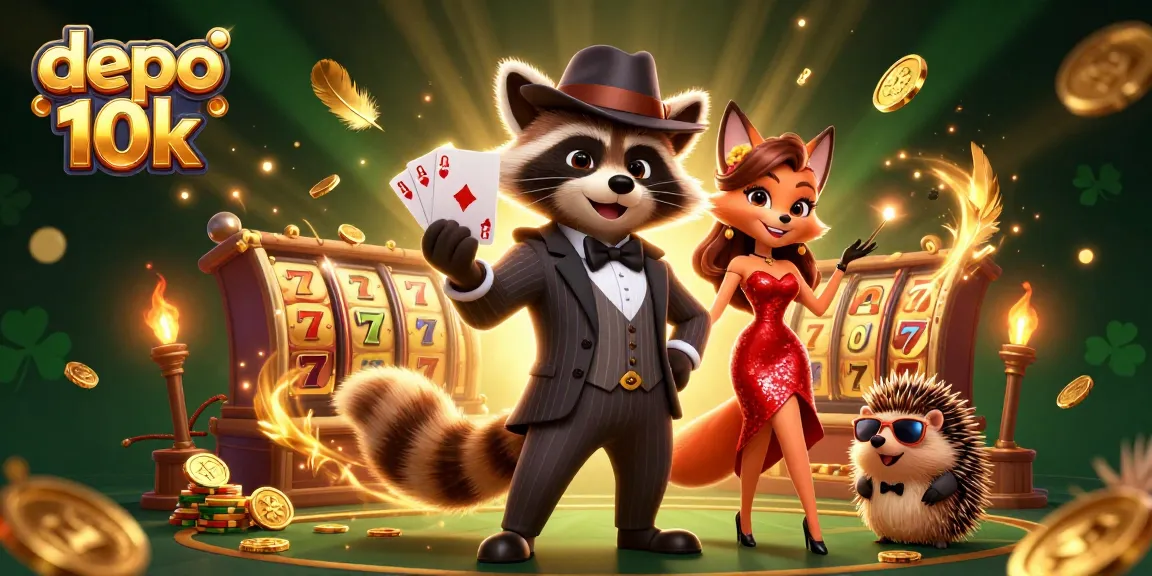 Experience exciting gameplay with depo 10k at this vibrant animated casino scene featuring raccoon and friends.