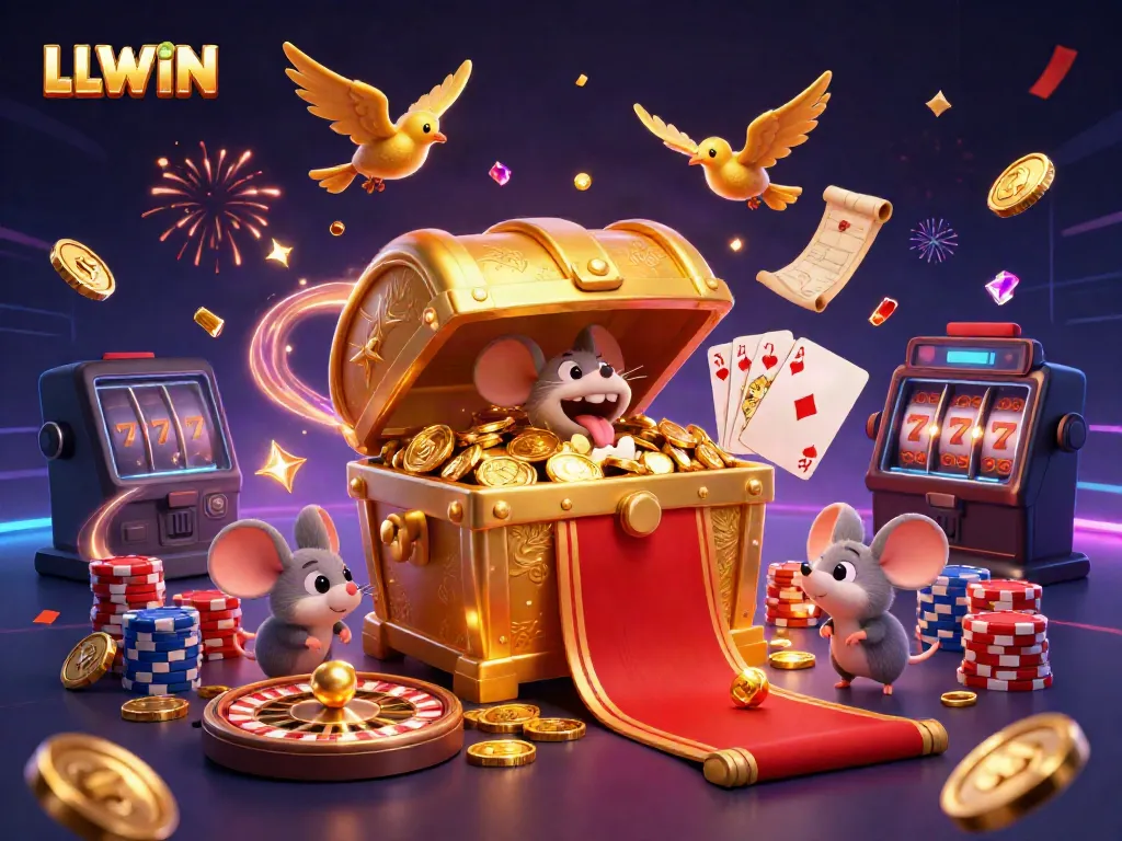 Engage in gaming excitement with LLWIN, featuring a golden treasure chest and cascading coins.