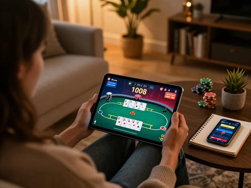 Engaged player enjoying Canadian online casinos on a tablet, strategizing on poker gameplay.