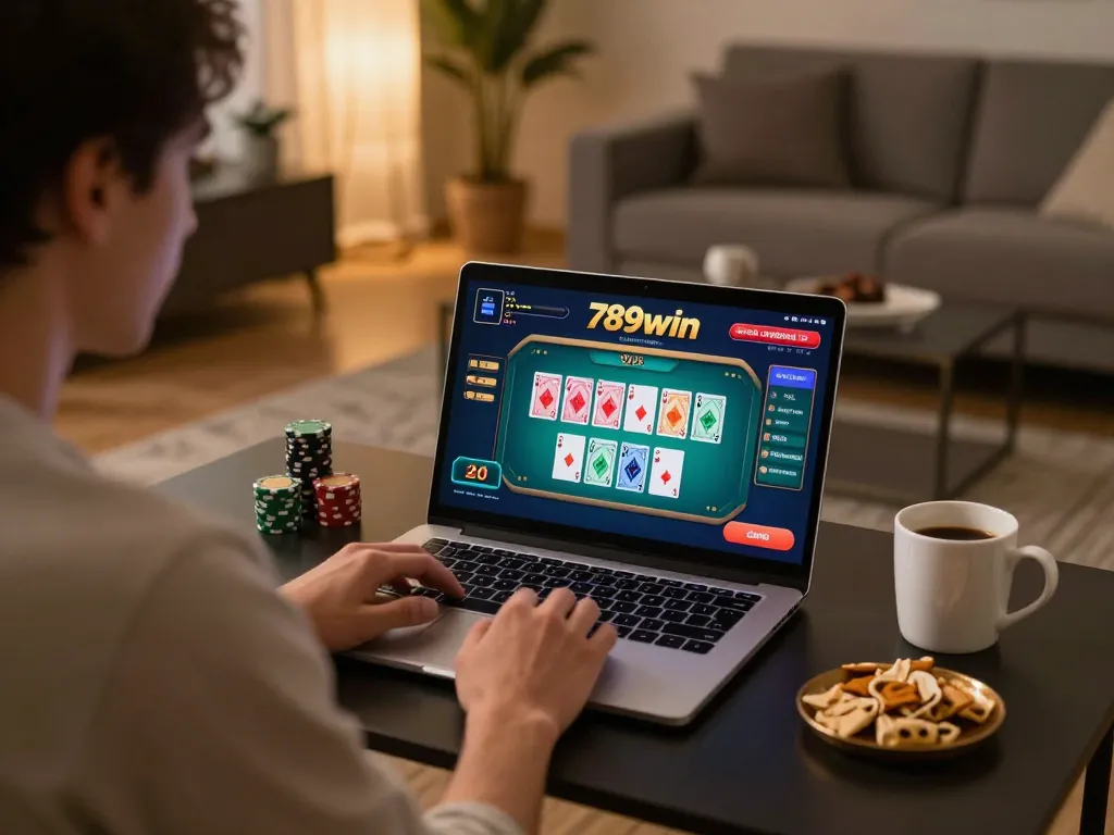 Player enjoying poker on 789win platform at home, showcasing strategic gameplay with engaging visuals.