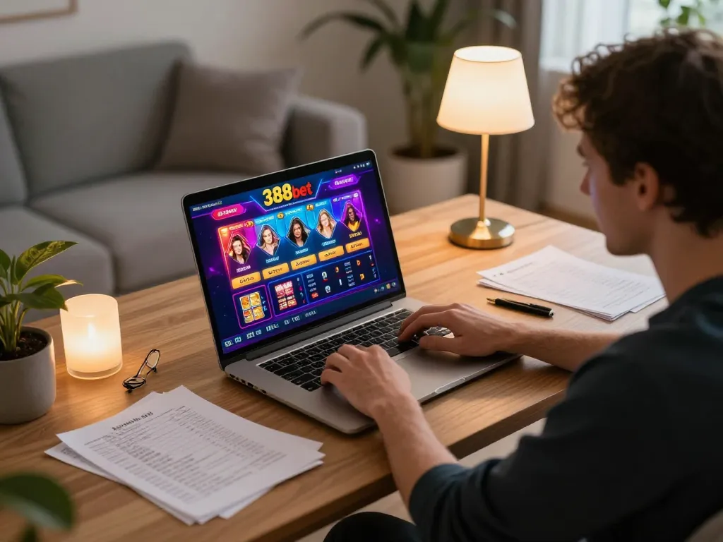 Engaging in online gaming at home with 388bet on a laptop, showcasing strategic betting notes.