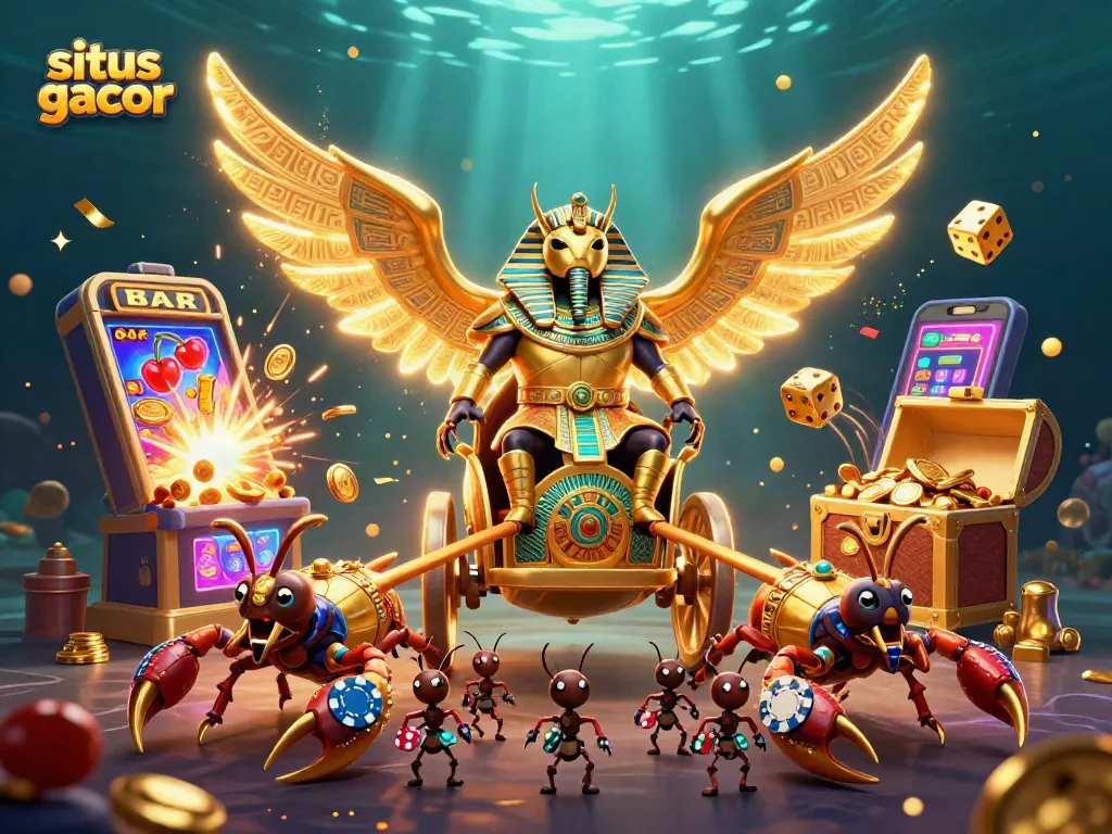 Menyajikan situs gacor dengan ilustrasi 3D karton yang megah menunjukkan karakter dalam tema kasino, simbol keberuntungan, dan elemen perjudian.