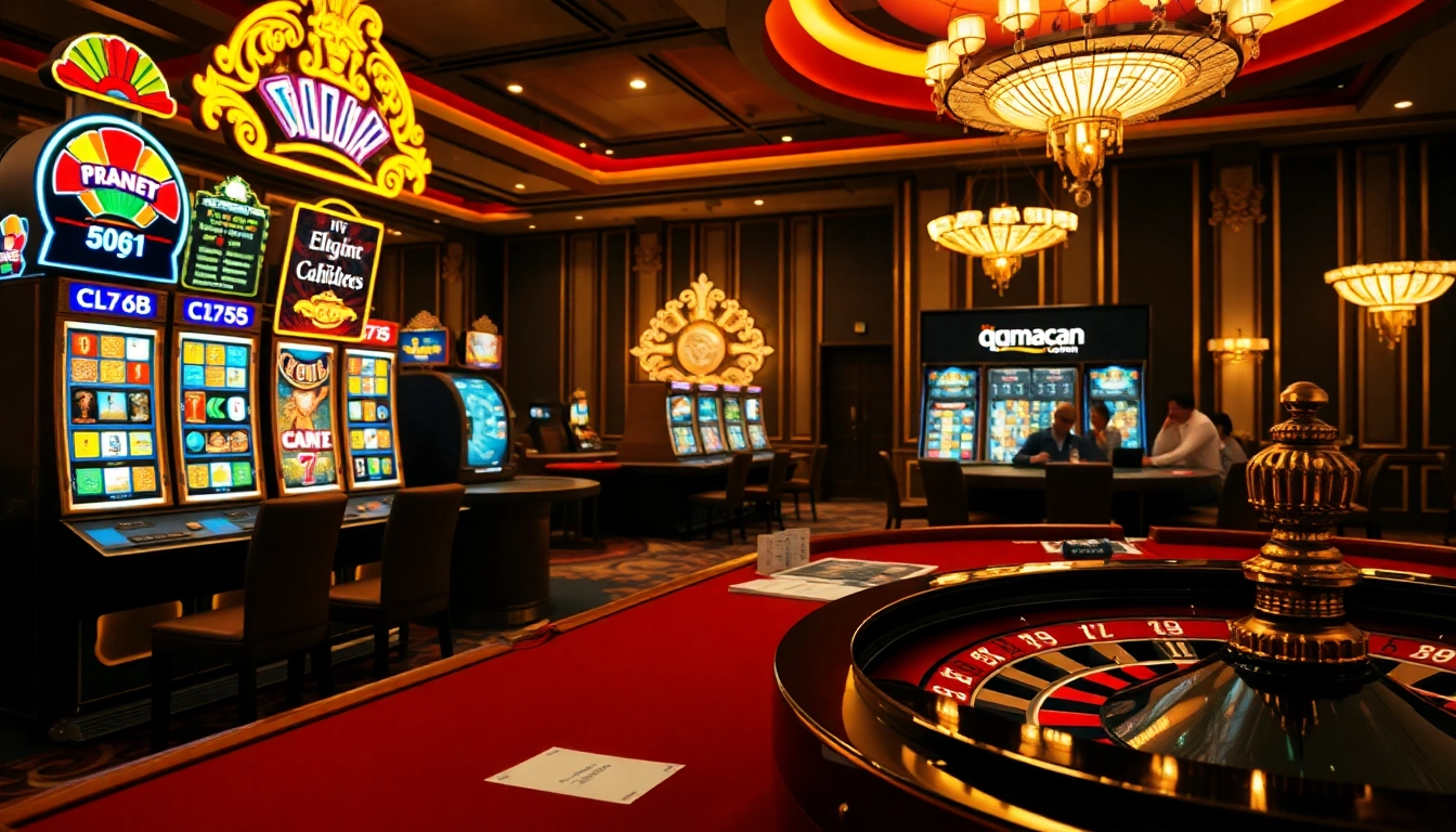 Players explore qqmacan's expert tips at luxurious slot machines and poker tables in a vibrant casino.