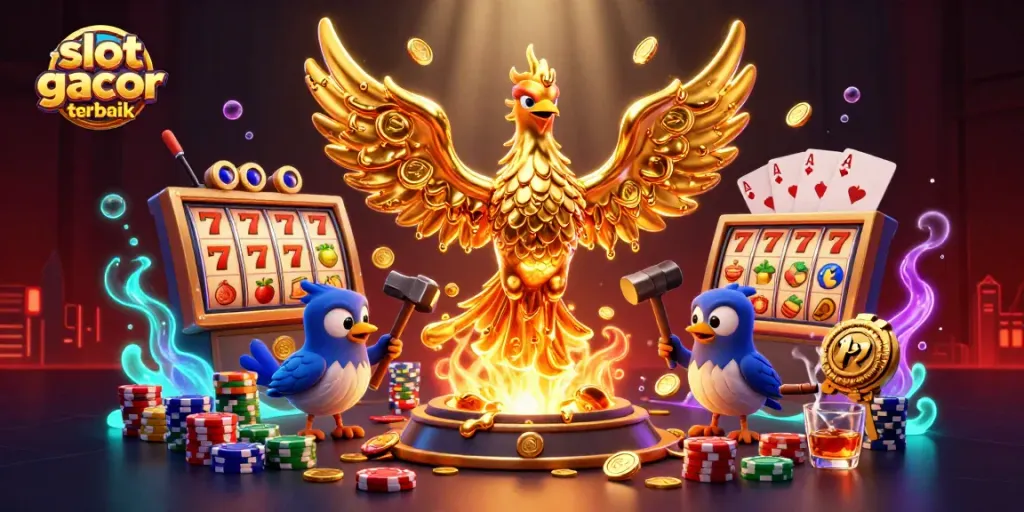 Slot gacor terbaik yang menampilkan phoenix emas dan simbol slot, menarik perhatian para pemain.