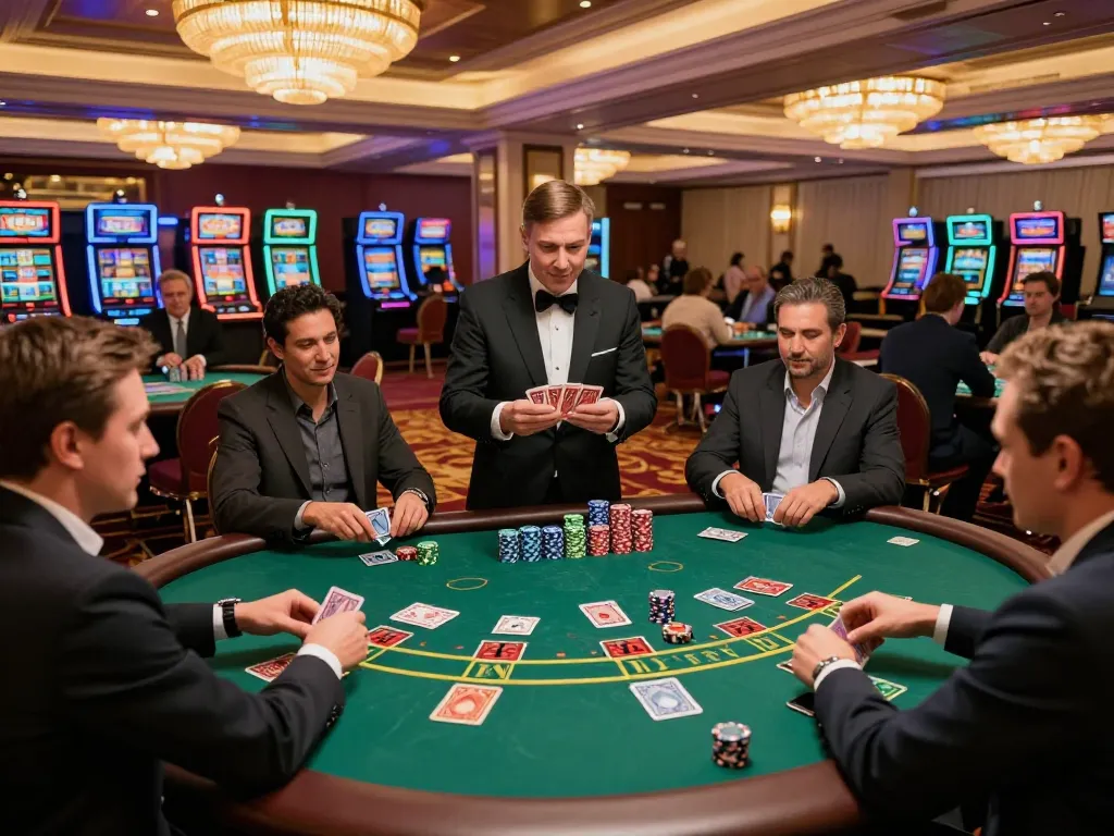 Baccarat players at an upscale casino table, engaging in lively gameplay with chips and cards