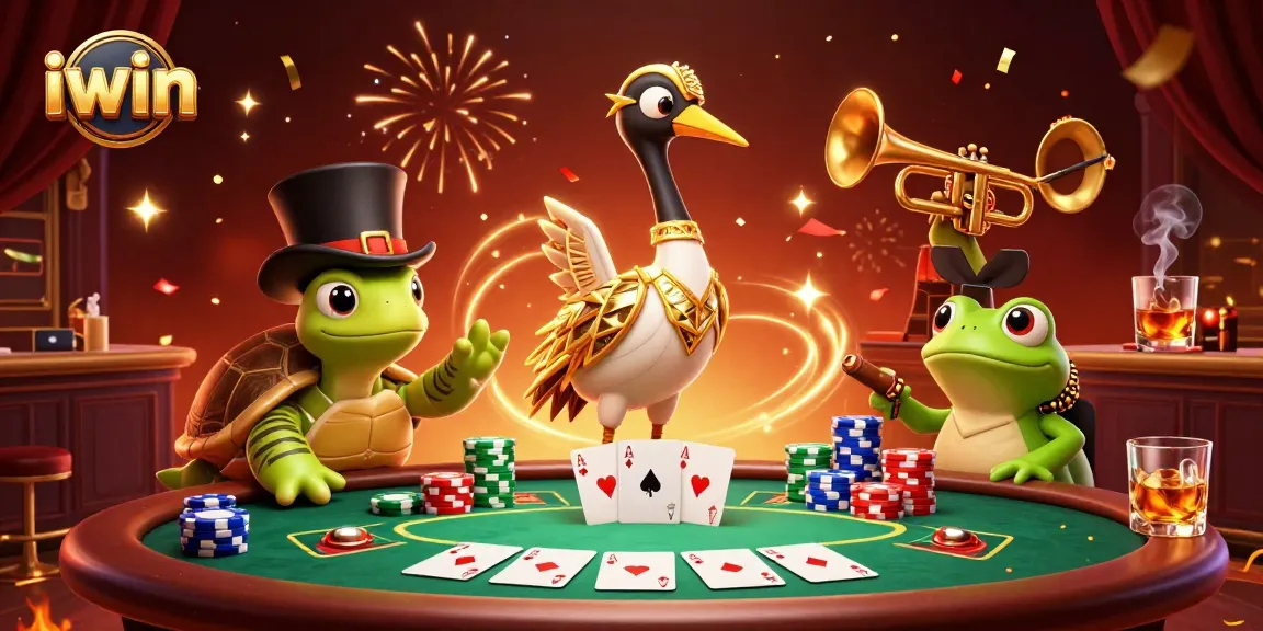 Engage in iwin's vibrant gaming atmosphere featuring partying animals and poker elements.