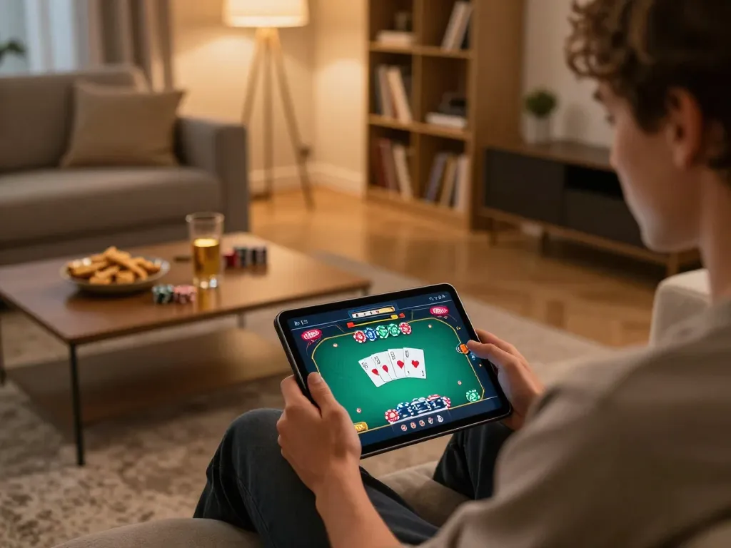 Player enjoying a thrilling okfun online poker game on tablet in a cozy living room.