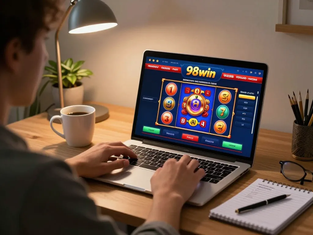 Player spinning slot reels on 98win online casino interface in a cozy home setting.