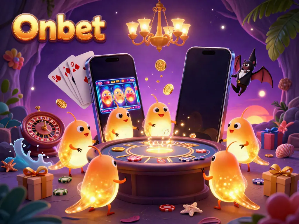 Engage with Onbet's vibrant 3D cartoon casino scene, featuring glowworms lighting up the action.
