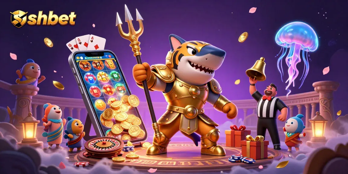 Experience the excitement at sshbet with a vibrant, 3D casino scene showcasing a fierce shark in gladiator armor amidst dynamic gaming elements.