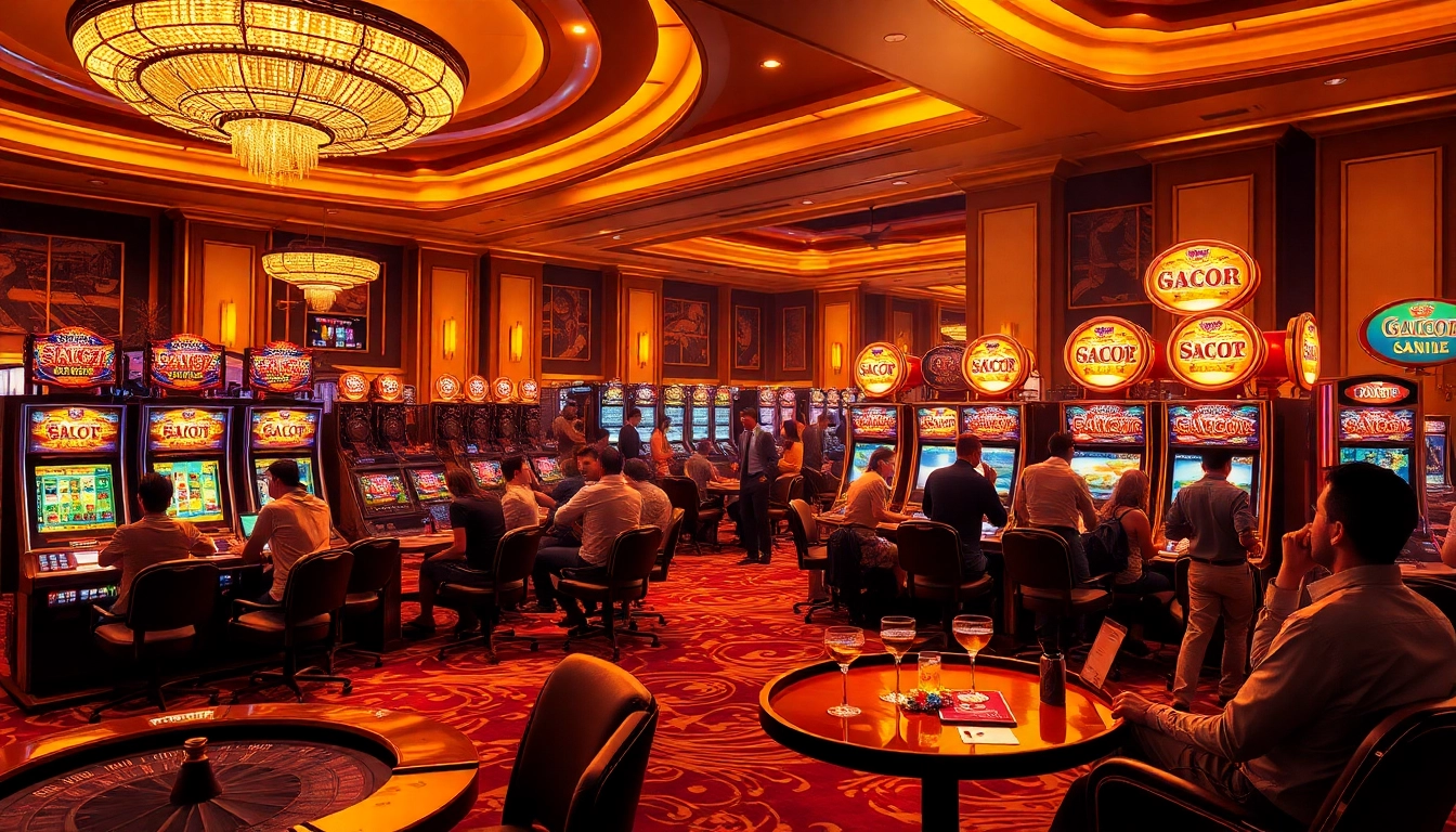 Exciting scene of gamblers playing on a slot gacor machine in a luxurious casino environment.