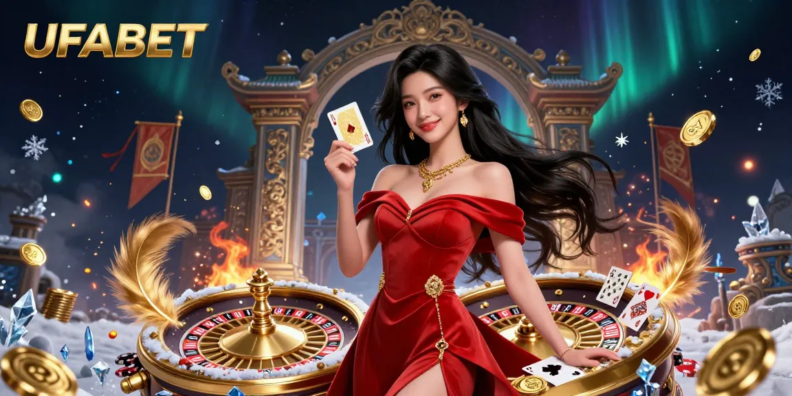 Experience the thrill of UFABET with a beautiful dealer at a golden roulette wheel, showcasing ultimate gambling excitement.
