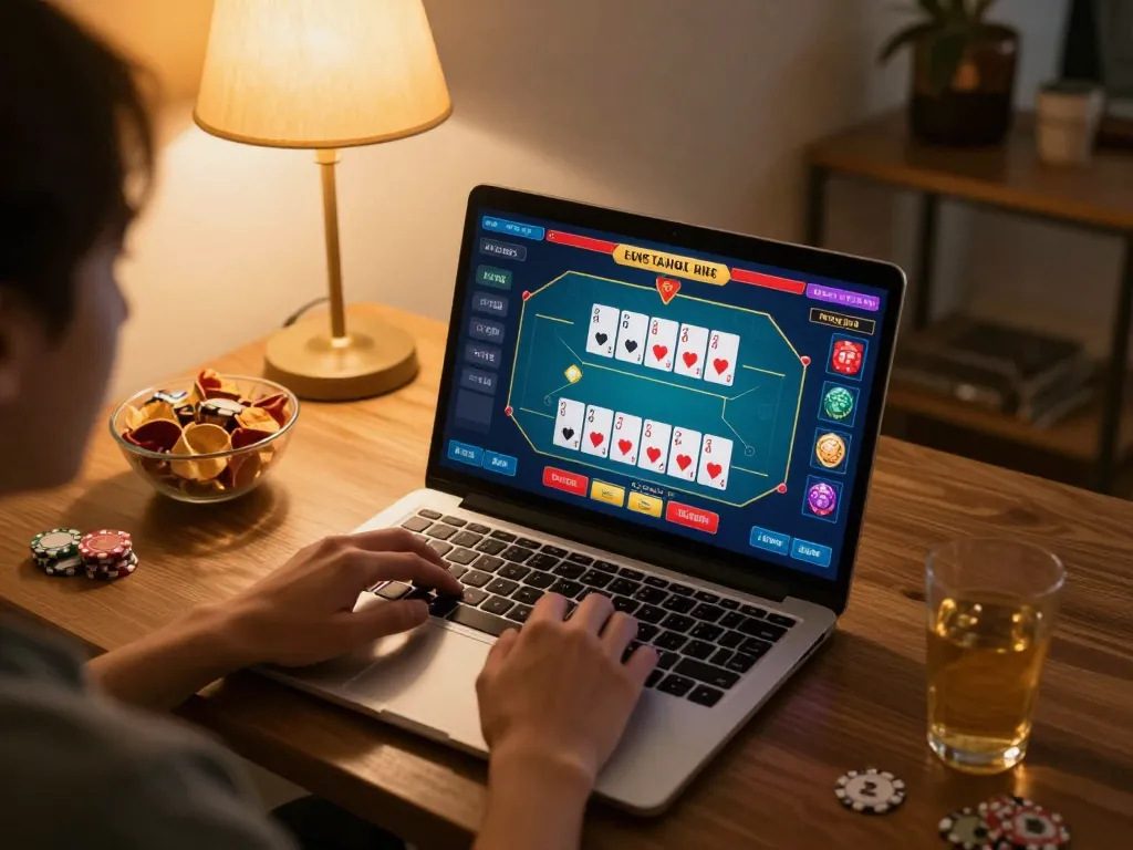 Orang tersebut menikmati permainan online di popsplacebarandgrill dengan laptop yang menampilkan antarmuka permainan poker dan camilan di dekatnya.