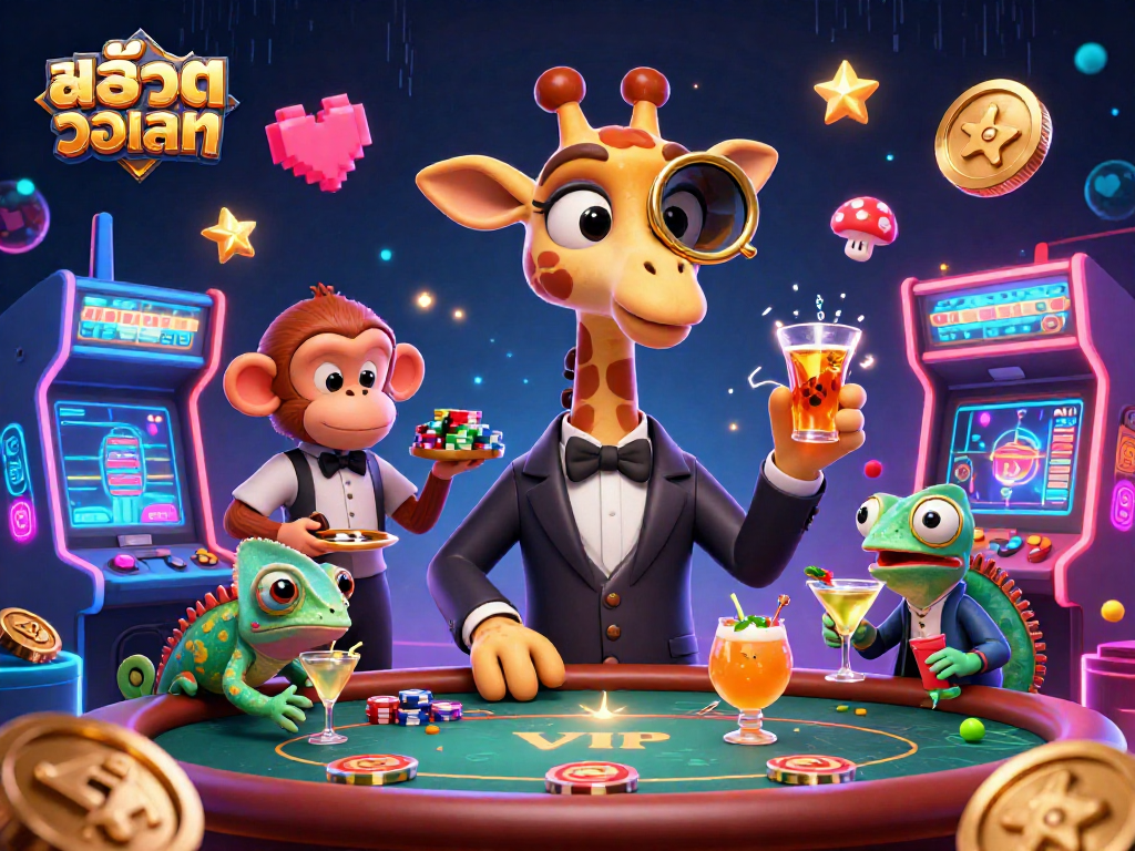 Engage in thrilling สล็อตวอเลท action with a high-roller giraffe at a vibrant casino scene, mixing gameplay excitement.