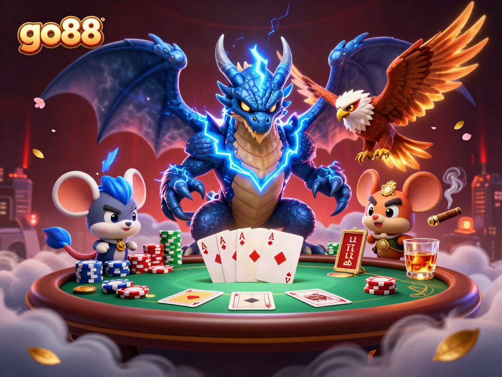 Engage with go88's thrilling poker scene featuring a thunder dragon and glowing hawk.