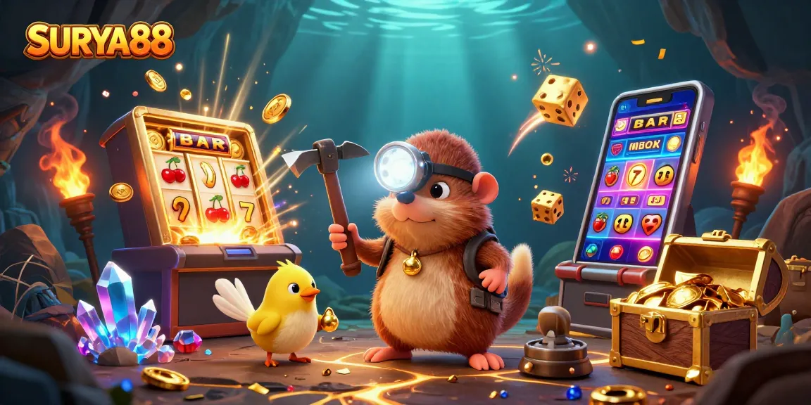 SURYA88 showcases a vibrant 3D scene with a treasure hunter mole and exciting casino elements.