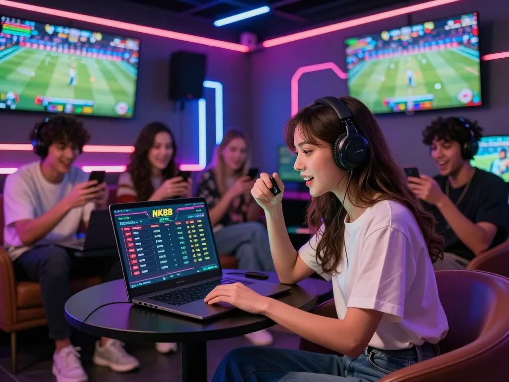 Young adults enjoying a dynamic live betting experience on NK88 platform with vibrant atmosphere.