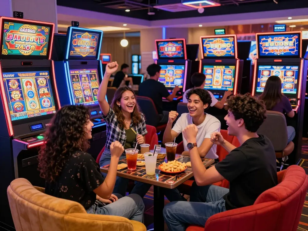 Group enjoying exciting slot gacor games in a colorful casino.