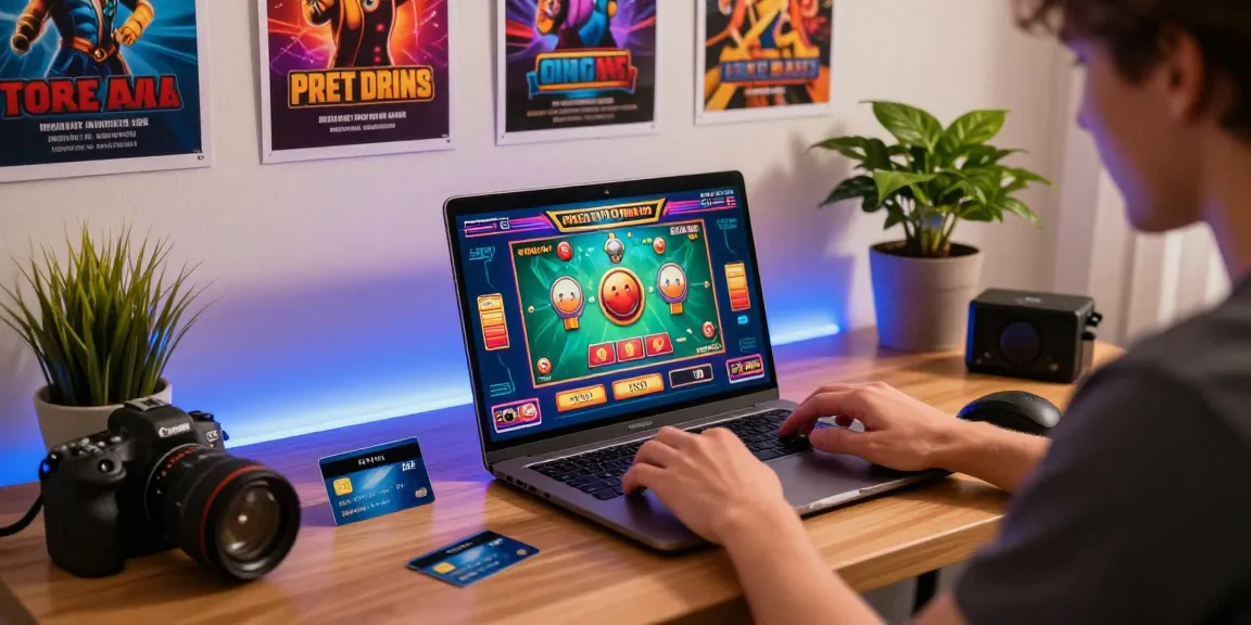 Enthusiastic player enjoying credit card casinos online at a stylish home desk, with vibrant gaming visuals and LED lights.