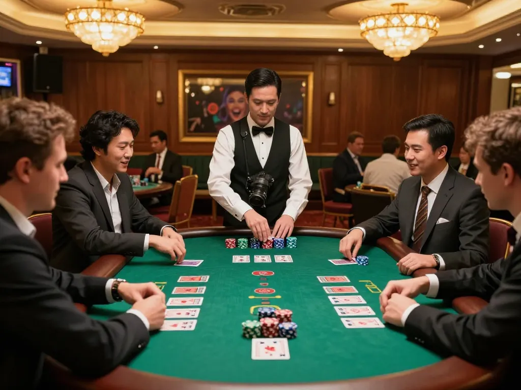 HUBET players strategizing at an exciting blackjack table in a luxurious casino environment.