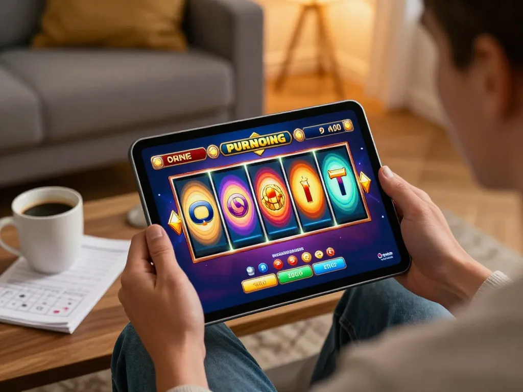 Pemain menikmati permainan mesin slot di tablet di rumah yang nyaman, mempromosikan permainan yang bertanggung jawab.
