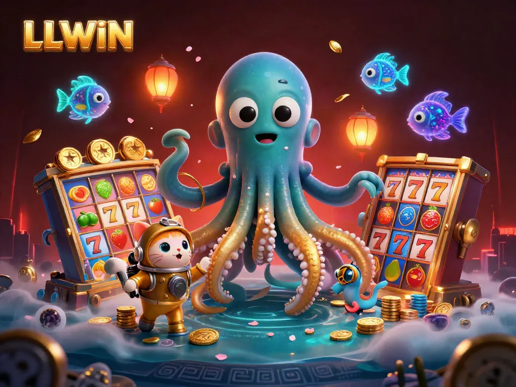 Engage with thrilling gameplay at LLWIN featuring colorful slot reels and a dramatic kraken.