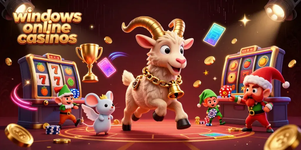 Experience the excitement of windows online casinos with festive characters in a lively casino scene.