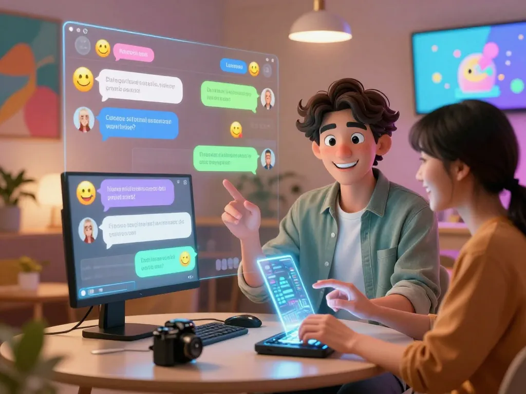 AI chat nsfw interaction with engaging character and user in vibrant digital lounge.