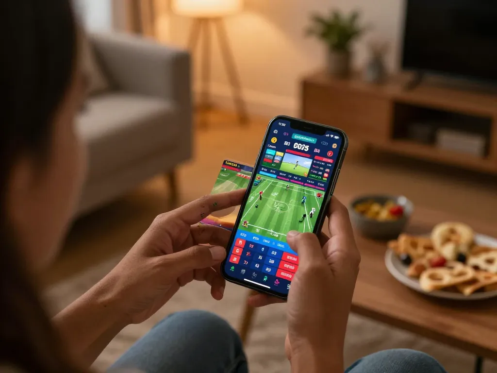 Engaging with TR88 link during online sports betting event from a cozy living room.