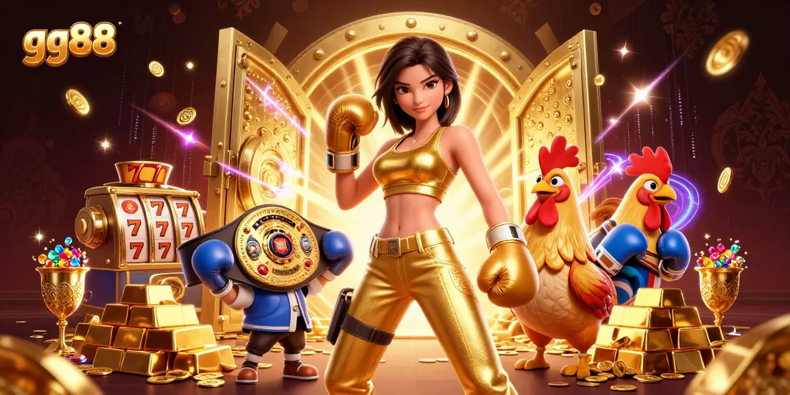 Engage with gg88's vibrant casino world, featuring a powerful woman and a boxing rooster among treasures.