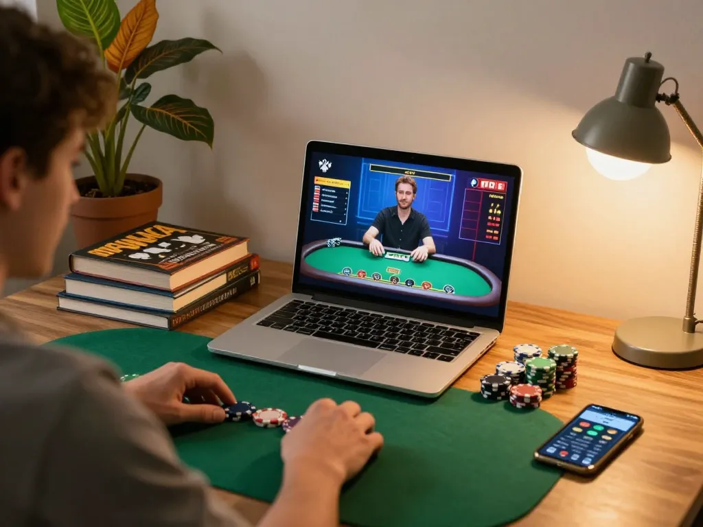 Person playing online poker at home with CasinoAtlas interface visible on screen.