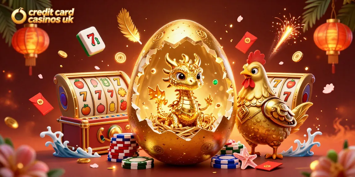 Experience the excitement of credit card casinos uk with a golden dragon on poker chips, surrounded by rich gambling elements.