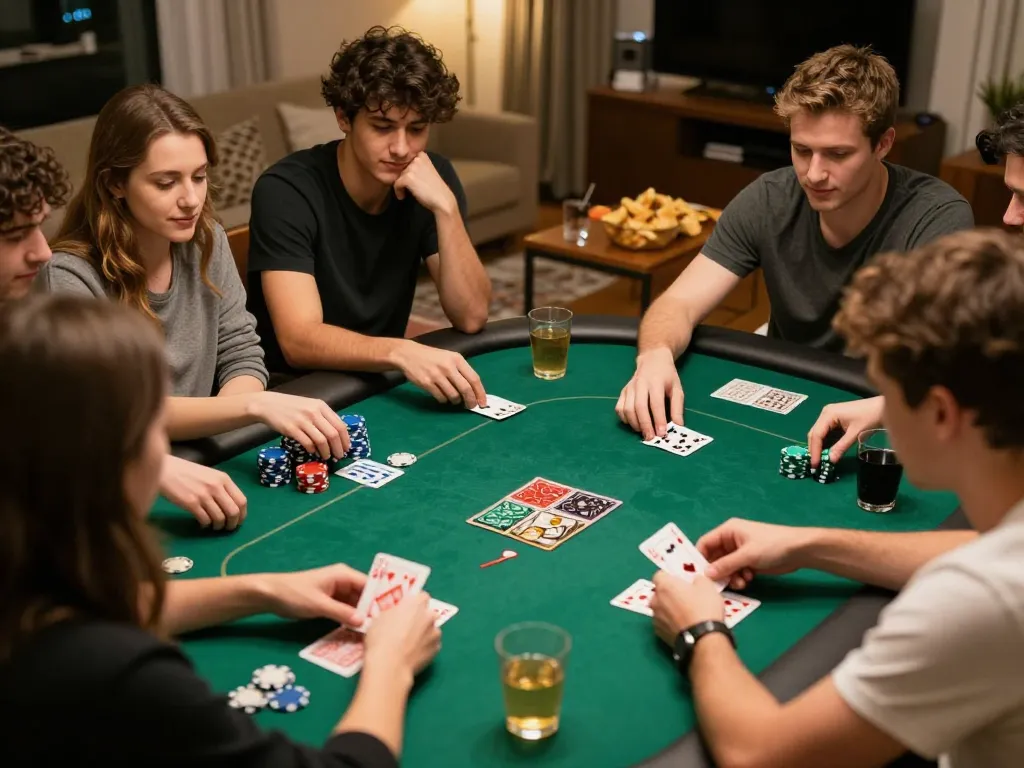 Players enjoy poker night with m115 chips in a lively home atmosphere.