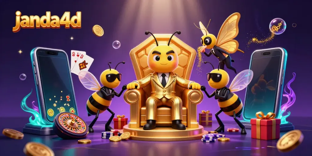 Main karakter janda4d bersenang-senang dengan permainan slot di ilustrasi 3D yang ramai