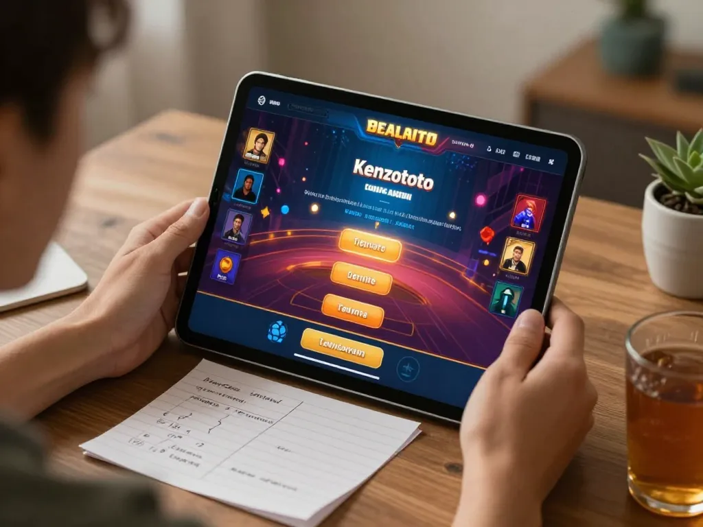Layar login Kenzototo ditampilkan di tablet selama sesi perjudian daring yang menarik.