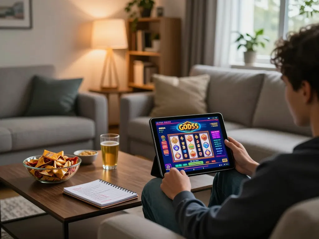 Person enjoying casino games on god55 tablet in a cozy home setting with snacks.
