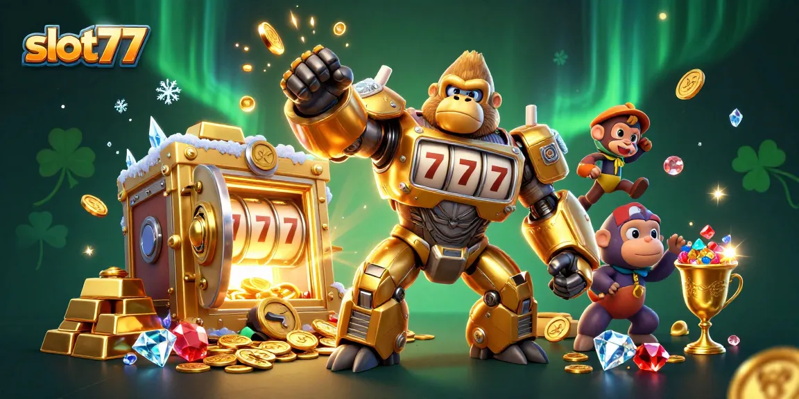 Experience the thrill of slot77 with a golden gorilla mech and treasure bursting forth in this vibrant illustration.