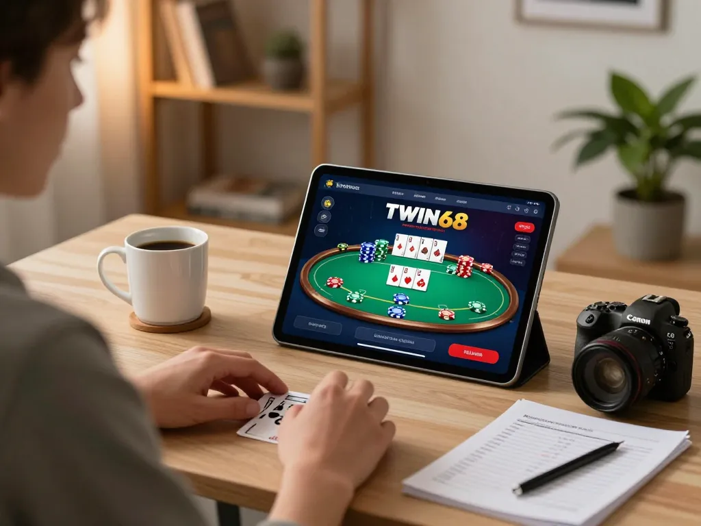 TWIN68 player strategizing at home with poker app on tablet in warm, inviting office.