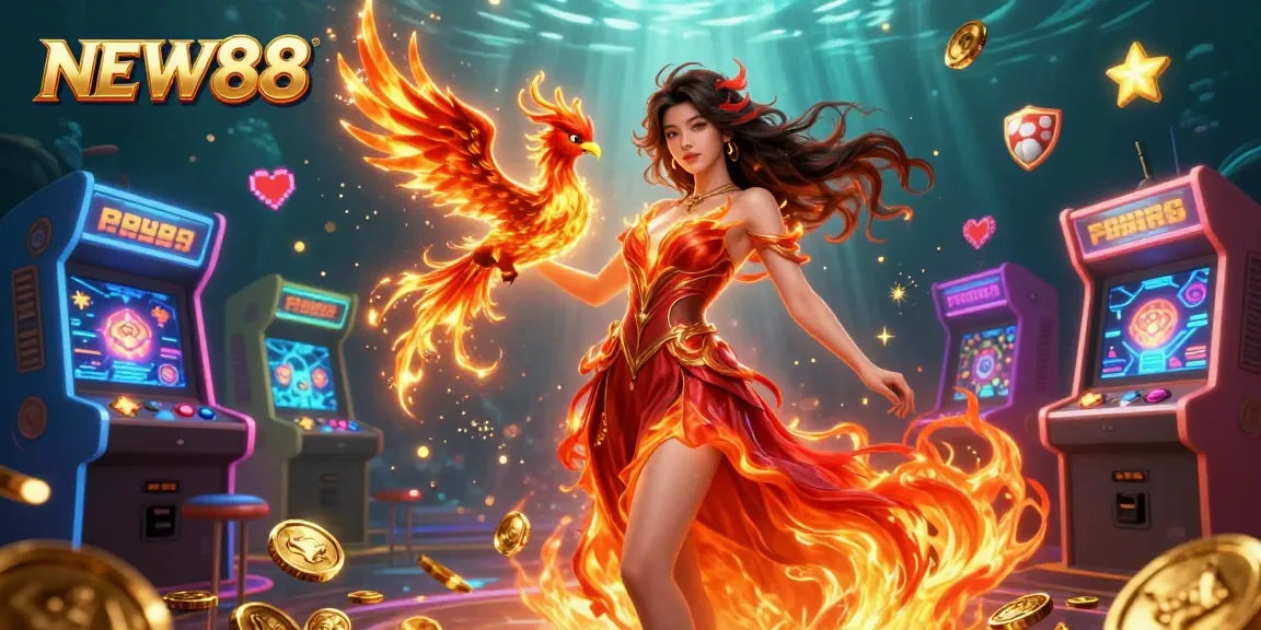 Engage in thrilling gaming experiences at NEW88 with vibrant characters in a lively casino scene.