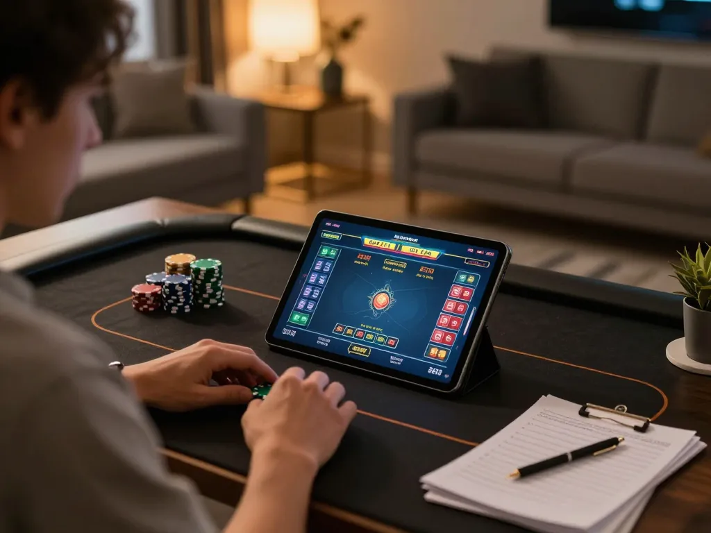 Engaging in online casino games at nhà cái cm88, showcasing dynamic tablet gameplay with strategic notes.