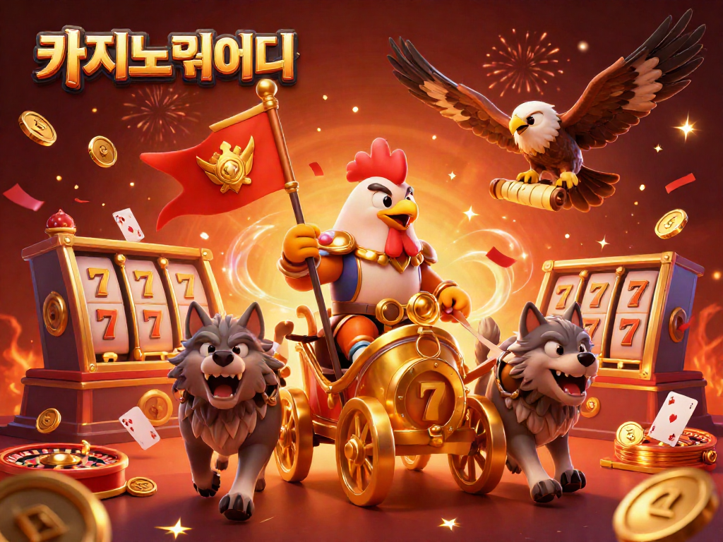 카지노사이트에서 화려한 슬롯 머신과 카드 게임을 즐기는 로스터 전사 일러스트
