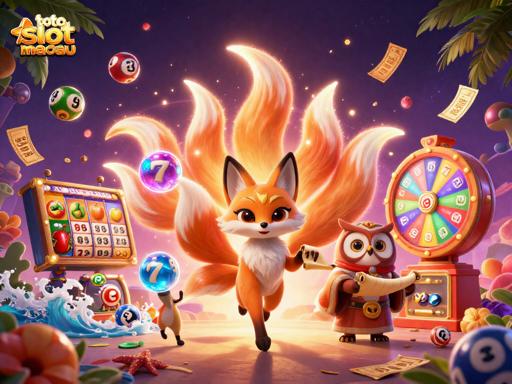 Engaging scene depicting the toto slot macau experience with colorful slot reels, a nine-tailed fox spirit, and vibrant lottery elements.