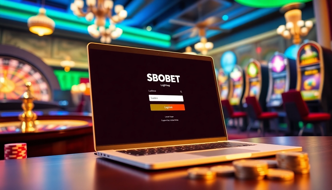 Gambling excitement with sbobet login indonesia interface displayed on a laptop in a vibrant casino.