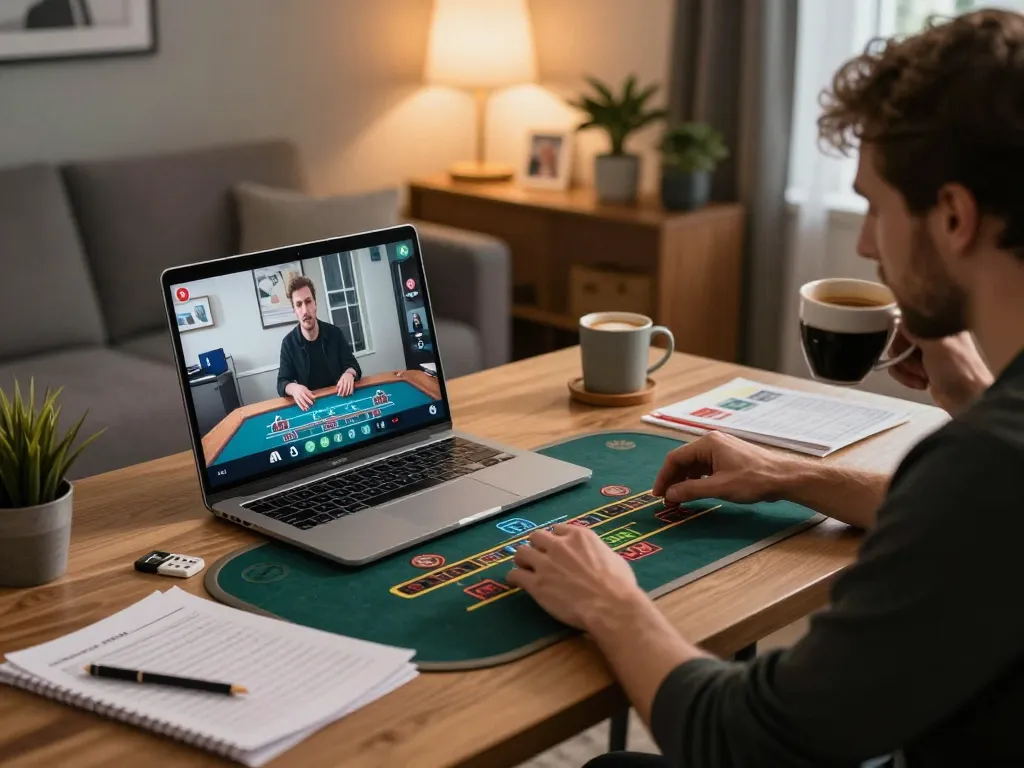 Engaging in live casino games on 98win from a cozy home office, emphasizing responsible gaming and strategy