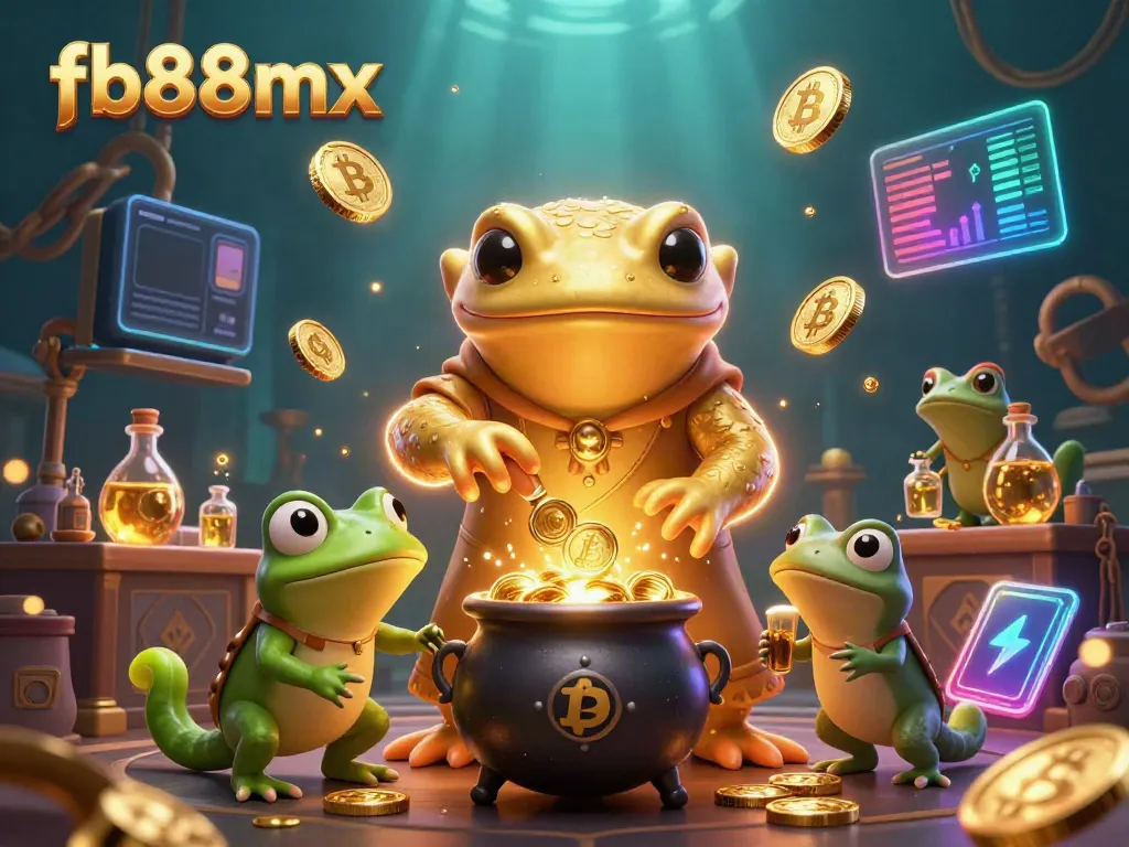 Engage with fb88mx, a vibrant 3D casino scene featuring a golden salamander alchemist and crypto elements.