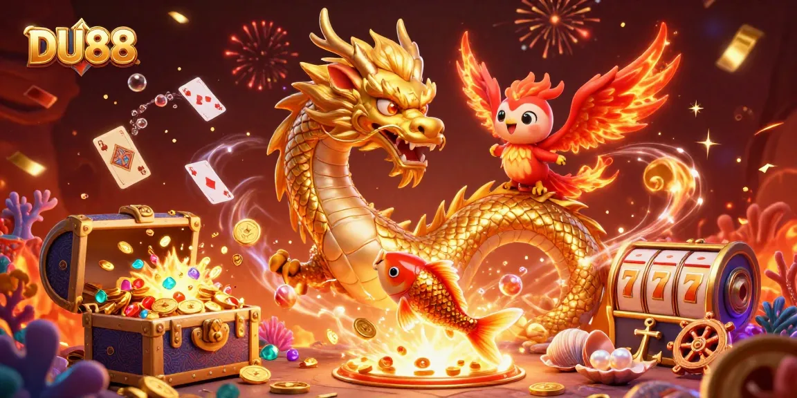 Experience the excitement of DU88 with a golden dragon, phoenix, and koi fish amidst vibrant casino symbols.