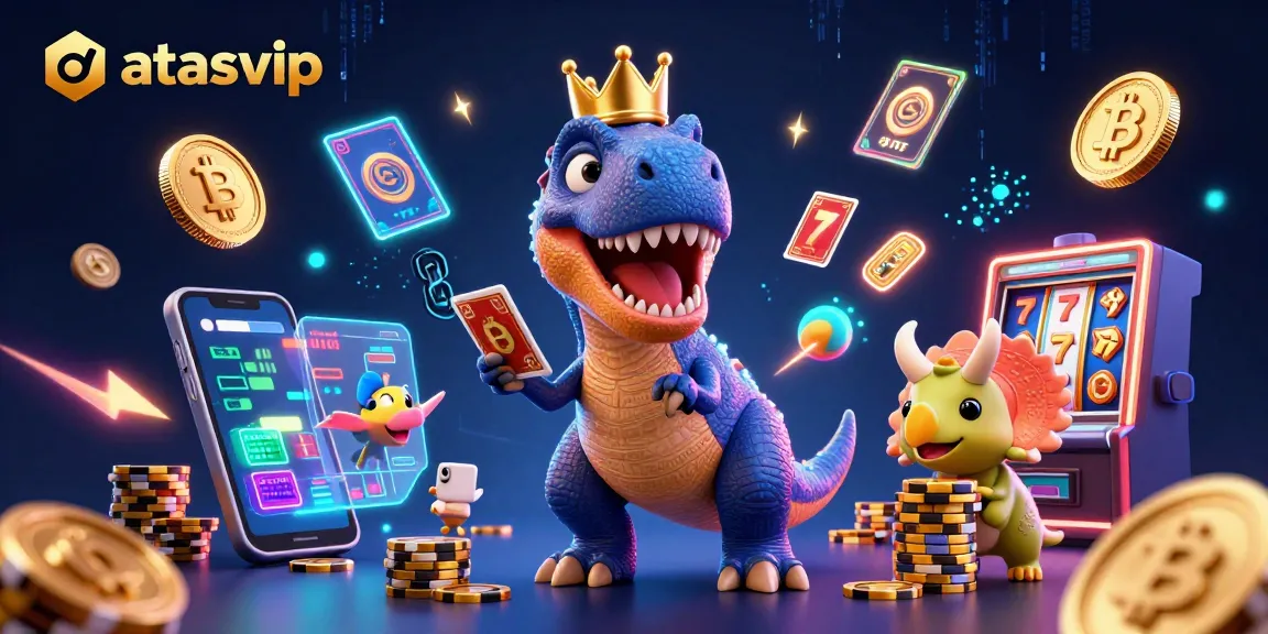 Engage in thrilling slots at atasvip, a vibrant casino scene with cartoon dinosaurs playing cards and stacking chips.